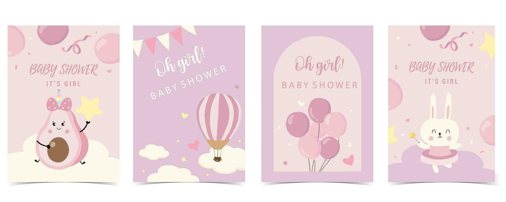 baby douche uitnodiging kaart voor meisje met ballon, wolk, lucht, konijn, roze vector