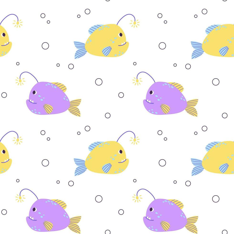 kleurrijk naadloos patroon met oceaan geel Purper zeeduivel en bubbels in vlak hand- getrokken stijl. voor ontwerp, textiel, achtergrond vector