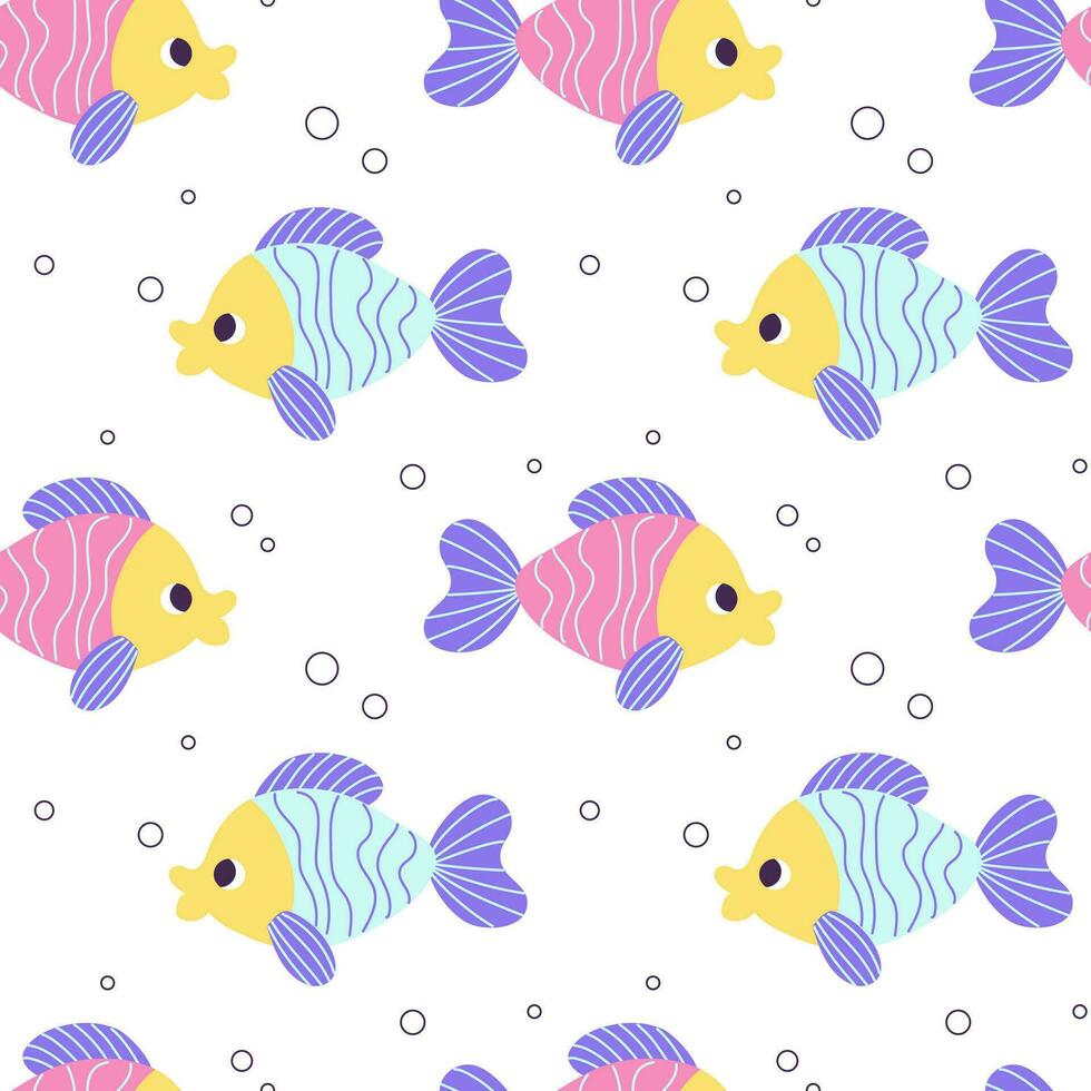 kleurrijk naadloos patroon met blauw roze vis en bubbels in vlak hand- getrokken stijl. voor ontwerp, textiel, achtergrond vector
