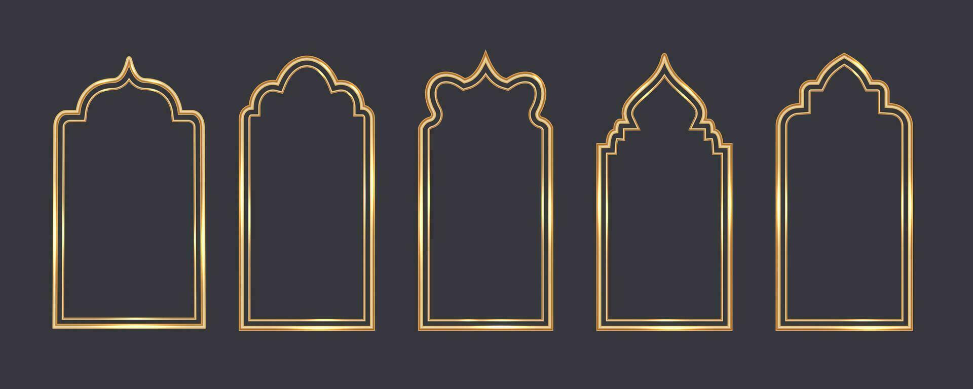 Ramadan venster kader vormen. Islamitisch gouden bogen. moslim moskee elementen van architectuur met ornament. Turks poorten en deuren set. vector