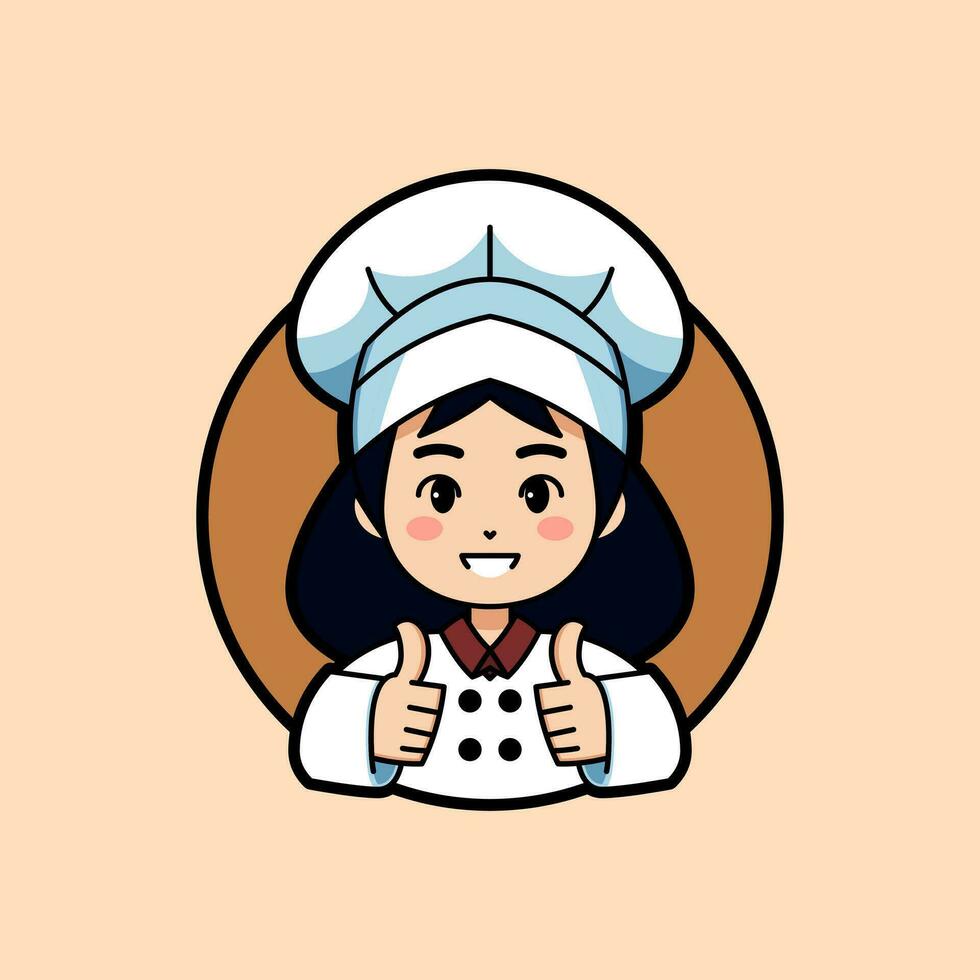 schattig chef meisje mascotte met duimen omhoog gebaar uitdrukking gemakkelijk vector logo illustratie