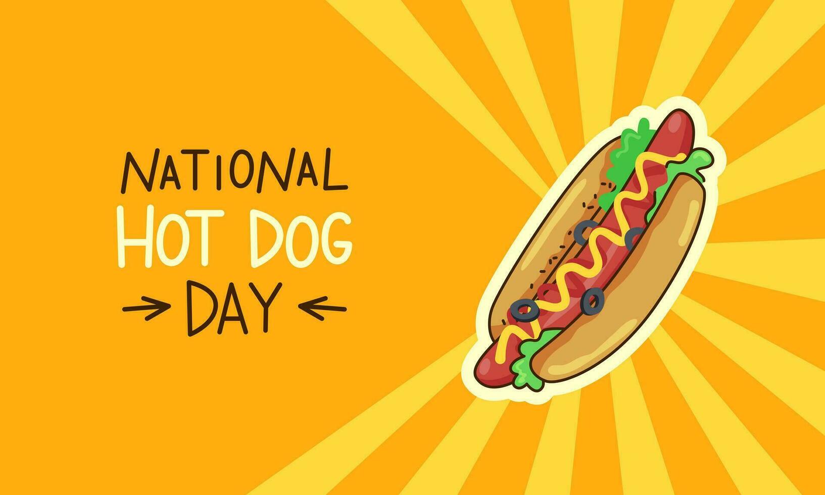 nationaal heet hond dag. banier met een opschrift en een heet hond. vector tekenfilm illustratie met beroerte