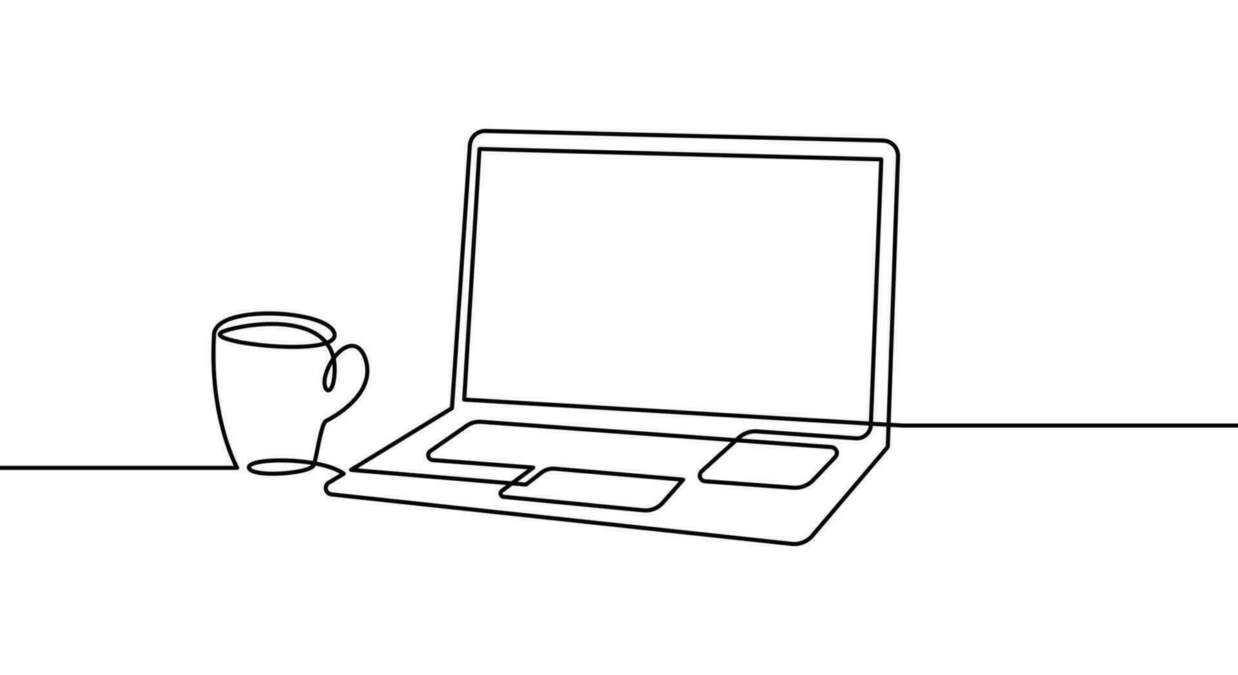doorlopend lijn tekening van een laptop en een kop van koffie of thee. vector lineair icoon illustratie