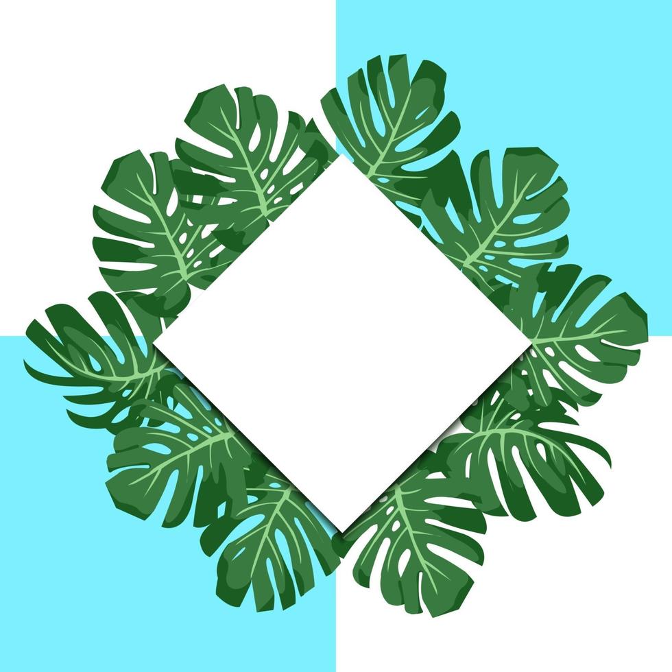 vectorillustratie. exotische tropische groene bladeren monstera. papieren banner ruit. blauwe en witte achtergrond vector