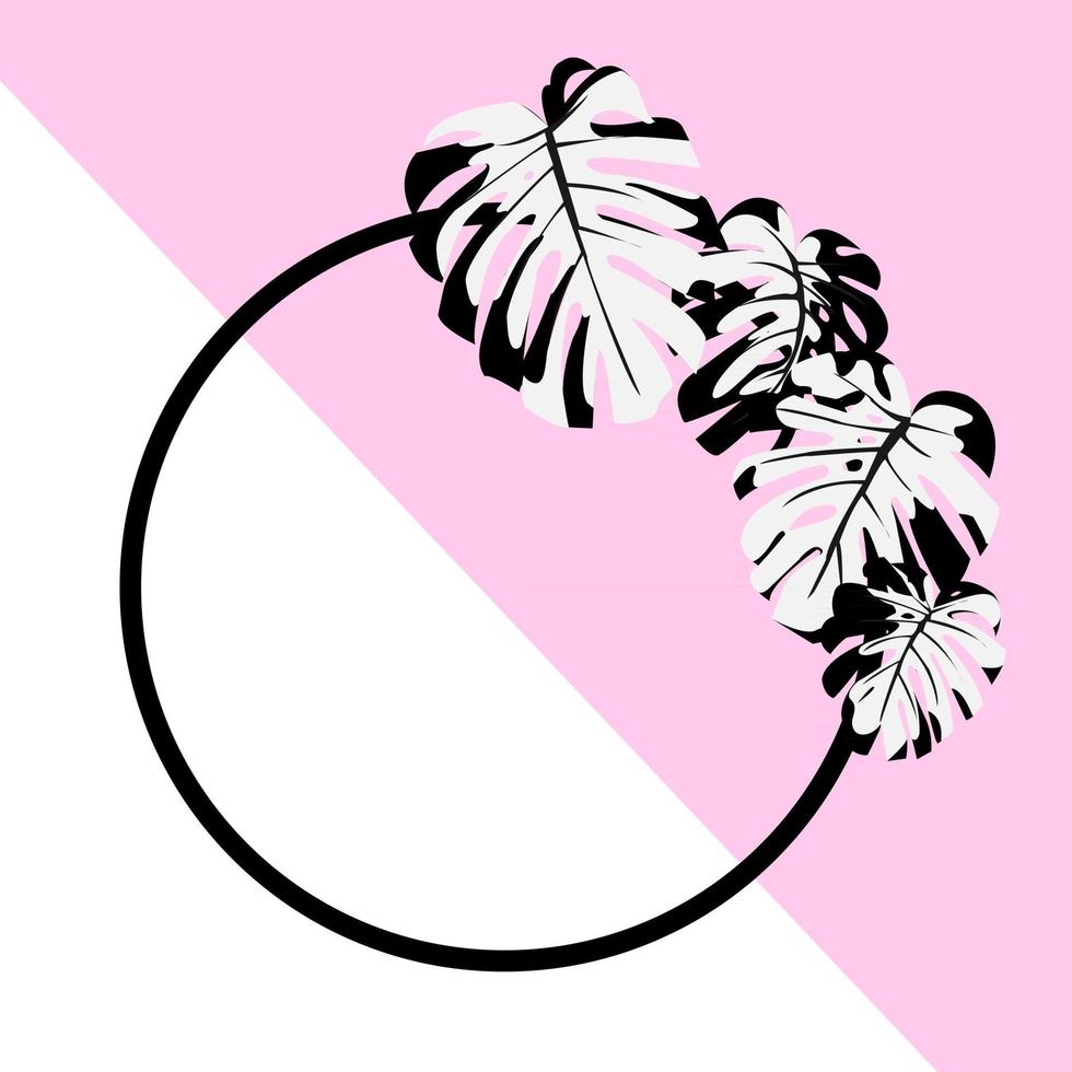 vectorillustratie. exotische tropische plant. monstera bladeren. zwart, wit en roze. rond frame. vector