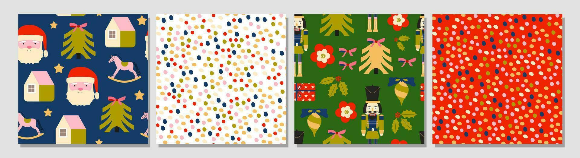 reeks van modern retro wijnoogst Kerstmis patronen. feestelijk luxe Kerstmis naadloos achtergrond. notenkraker, confetti, bloemen. nieuw jaar. winter vakantie. scandinavisch. behang, digitaal papier, spandoek. vector