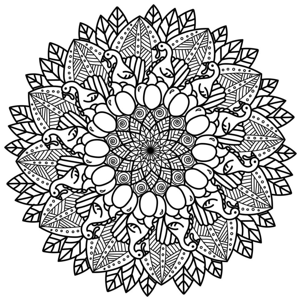 dankzegging mandala met kalkoen, pompoen en bladeren, meditatief ingewikkeld kleur bladzijde vector