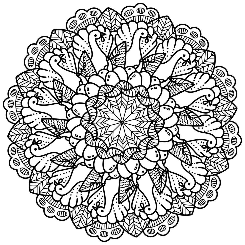 dankzegging mandala met kalkoen pompoen en wervelingen, meditatief kleur bladzijde met patronen vector