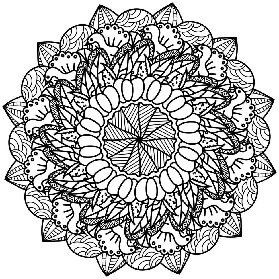 dankzegging mandala met kalkoen, herfst bladeren, maïs en patronen vector