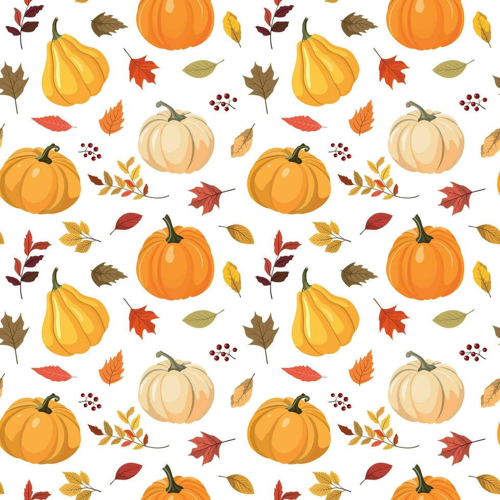 vector vallen seizoen naadloos patroon met kleurrijk pompoenen, Woud bladeren, en bessen. geïsoleerd Aan wit achtergrond. herfst oogst illustratie. dankzegging behang.