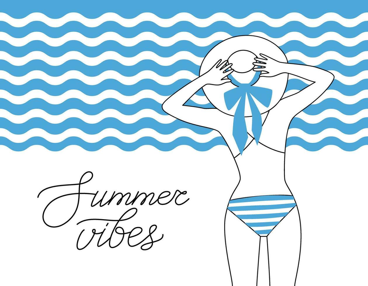 zomer gevoel. banier met een jong vrouw in een bikini en een hoed. vector lineair illustratie