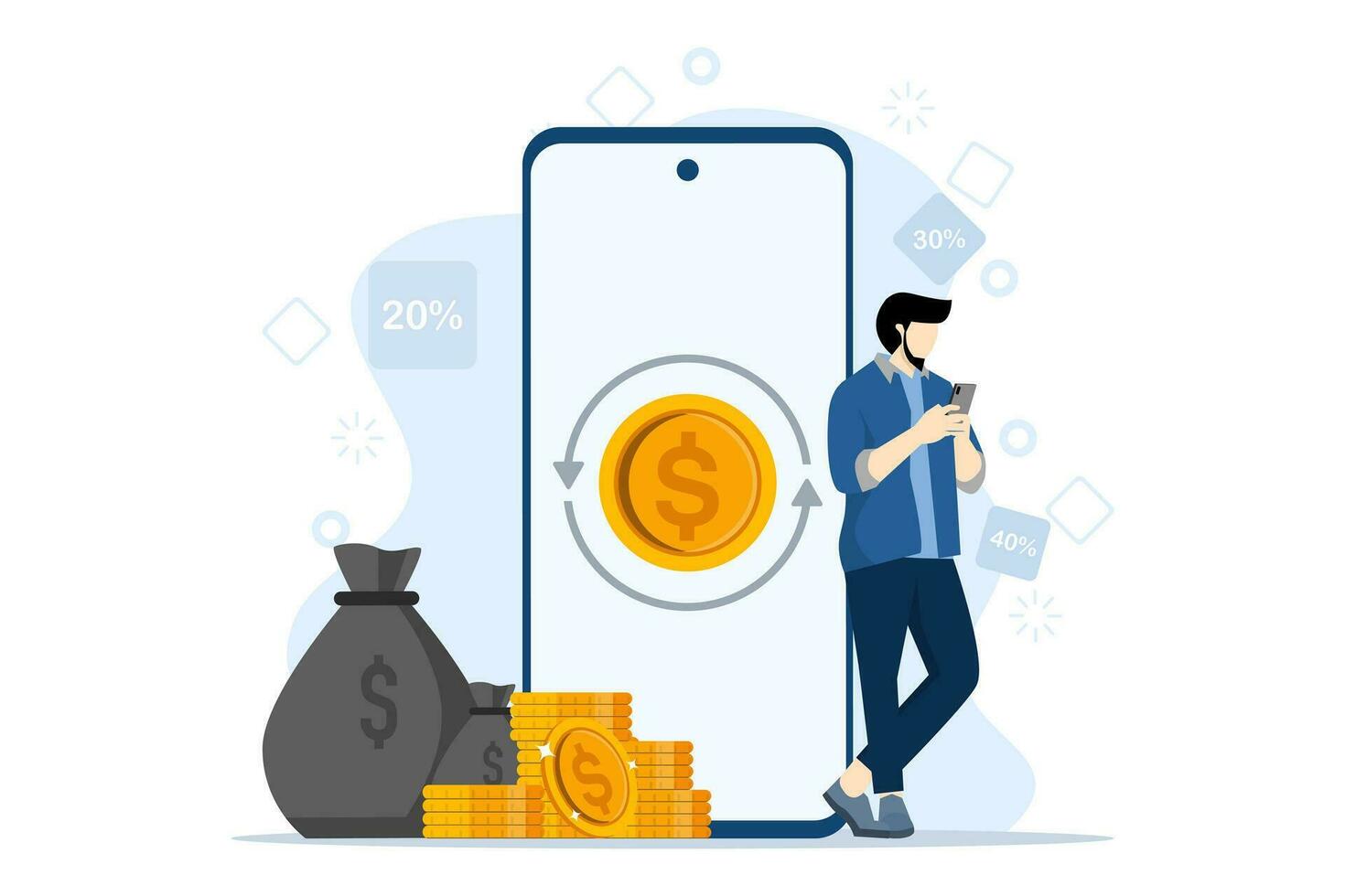 cashback concept. houden. terugbetaling. stack munten en telefoontje met toetsen naar initiëren geld terug. karakter staand De volgende naar een groot cel telefoon. vlak vector illustratie Aan een wit achtergrond.