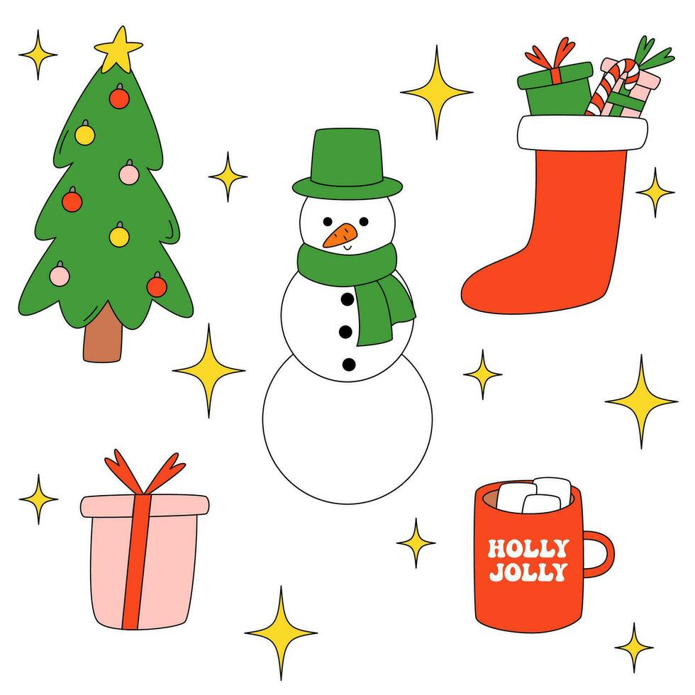 reeks Kerstmis retro groovy elementen in jaren 70-80 stijl. sok met geschenk, mok met cacao en heemst, Kerstmis boom, geschenk doos, sneeuwman. nieuw jaar vector tekenfilm symbolen.