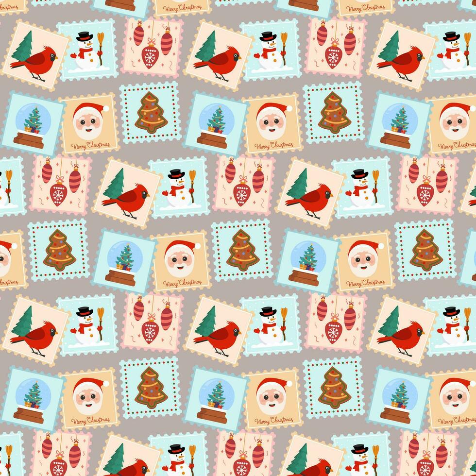 Kerstmis patroon met post postzegels. kleurrijk vector illustratie in vlak stijl voor achtergrond