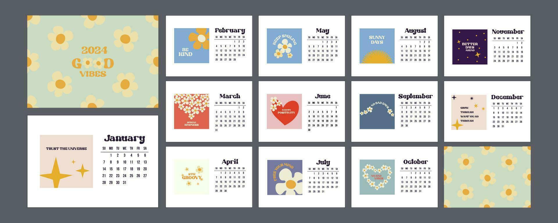 kalender 2024 sjabloon ontwerp in groovy retro stijl met positief motivatie vector