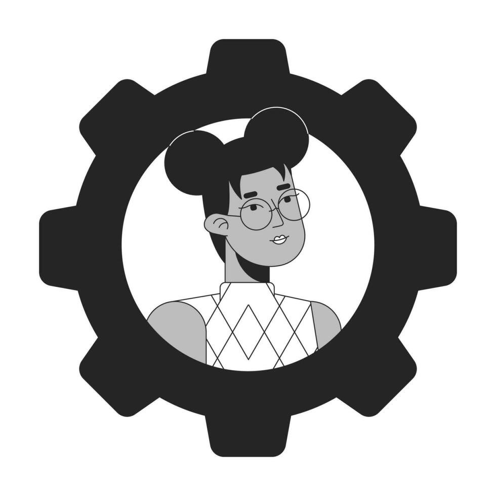 Afrikaanse Amerikaans bril vrouw zwart wit tekenfilm avatar icoon. bewerkbare 2d karakter gebruiker portret, lineair vlak illustratie. vector gezicht profiel versnelling. schets persoon hoofd en schouders