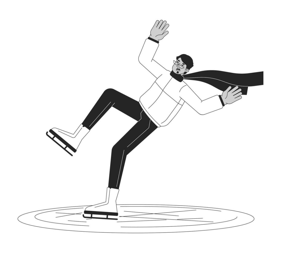 perplex Mens in sjaal Aan ijs baan vlak lijn zwart wit vector karakter. bewerkbare schets vol lichaam Mens skates en valt Aan wit. gemakkelijk tekenfilm geïsoleerd plek illustratie voor web grafisch ontwerp