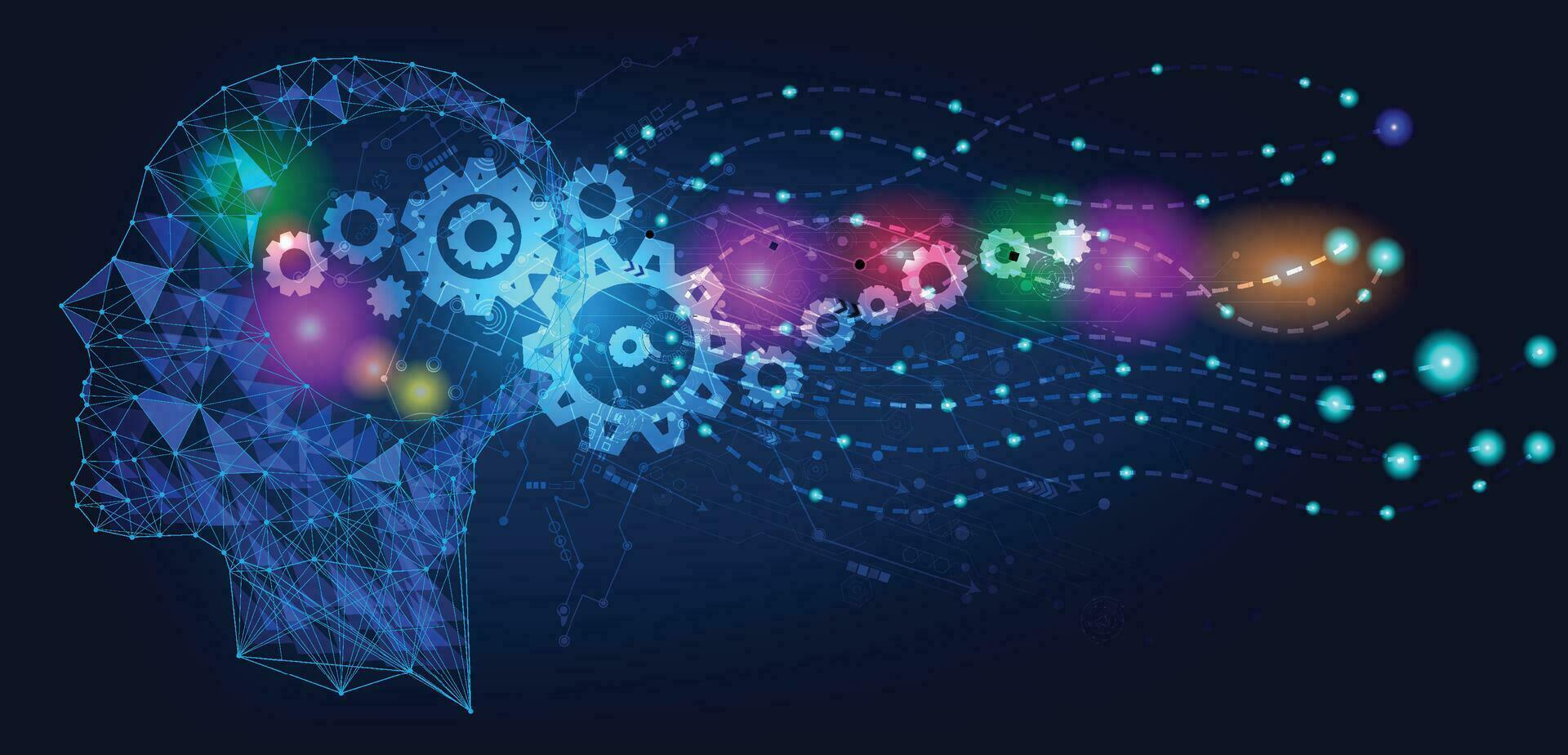 abstract menselijk hoofd met een lijn hersenen netwerk.cirkel en elektriciteit met blauw elektronisch fiets.digitaal data,ai,ascience.vector technologie achtergrond en kunstmatig intelligentie- concept. vector