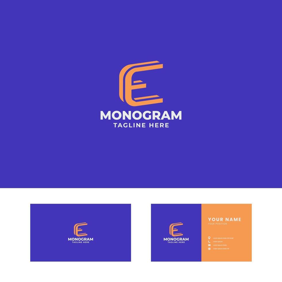 oranje 3d schuin letter e-logo op blauwe achtergrond met sjabloon voor visitekaartjes vector