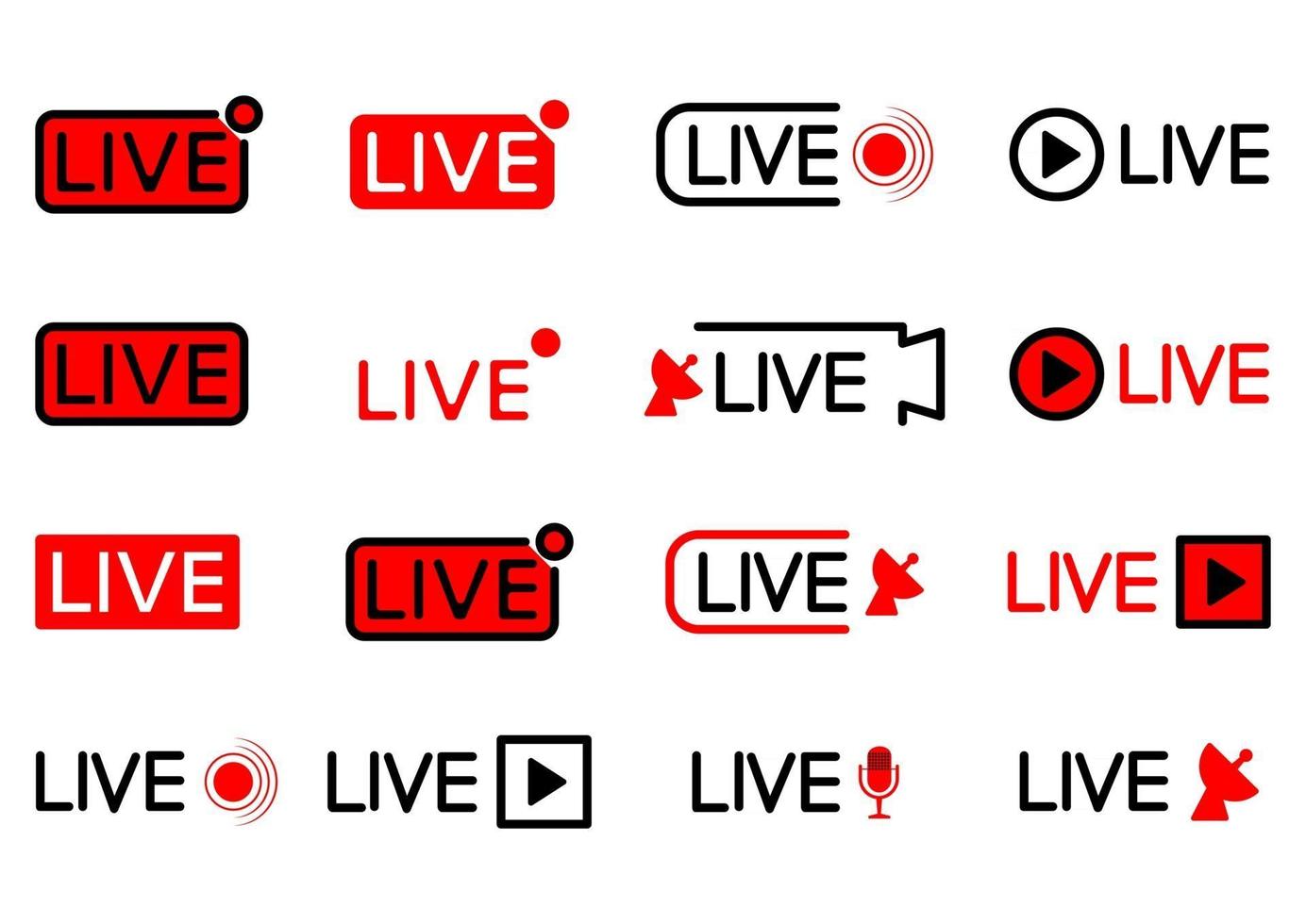 pictogram voor live-uitzendingen. set van live streaming iconen. zwarte en rode symbolen voor streaming, opnemen, online stream. set uitzendknoppen in verschillende vormen. vector