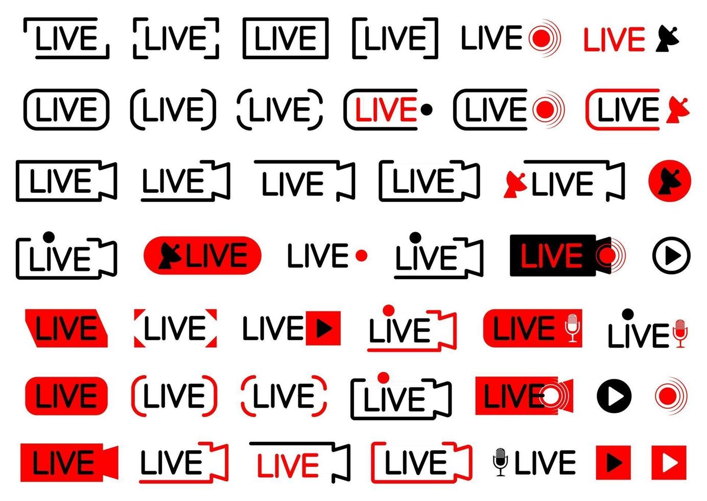 live omroep icoon. set van live streaming iconen. zwarte en rode symbolen voor streaming, opnemen, online stream, show. set uitzendknoppen, in vlakke stijl, geïsoleerd op een witte achtergrond vector