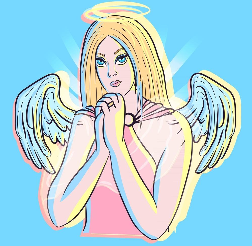 conceptuele kunst van een engel met blond haar en blauwe ogen. jonge hemelse en goddelijke wezen bidden. vrouwelijke godheid met vleugels en een gloeiende halo. vector