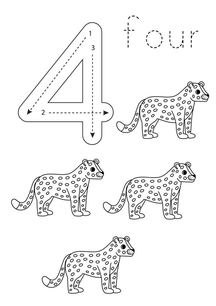 geheugenkaart aantal 4. peuter- werkblad. schattig tekenfilm luipaarden. vector