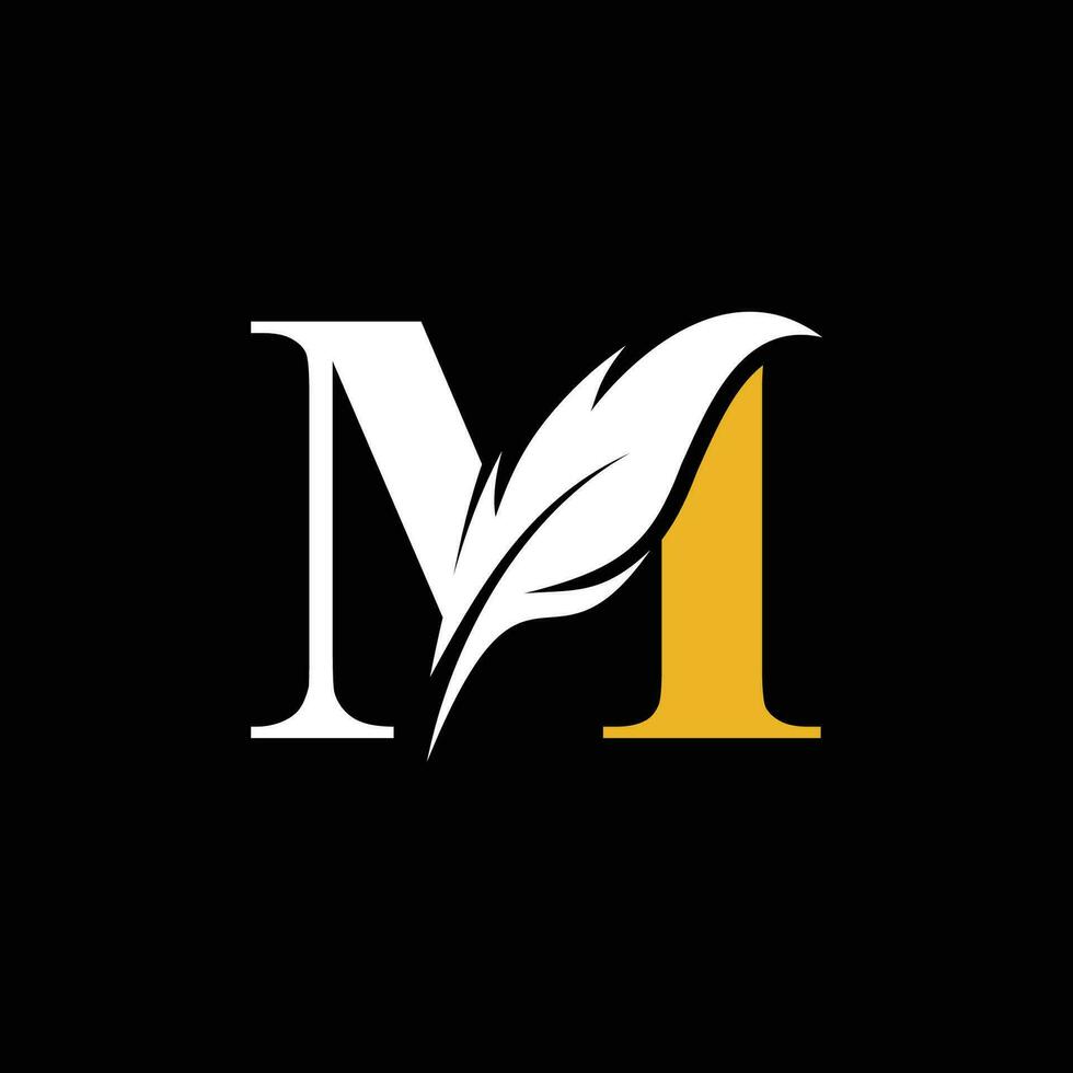 eerste brief m logo met veer luxe goud. vector