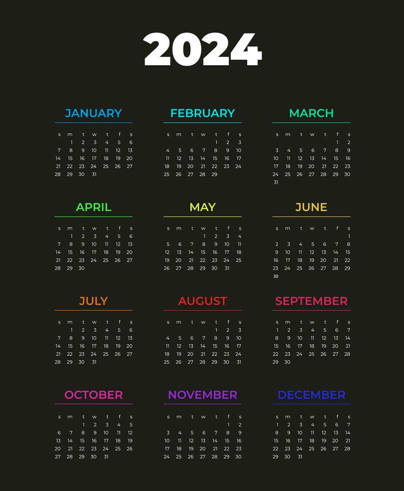 kalender 2024, week begint Aan zondag, wit tekst Aan zwart achtergrond, kleur schrijven maand, sjabloon, vector. vector