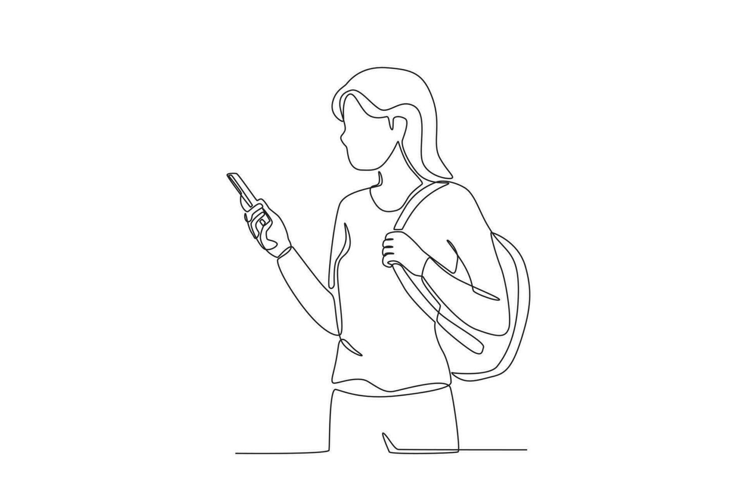 een vrouw Aan vakantie terwijl op zoek Bij haar mobiele telefoon vector