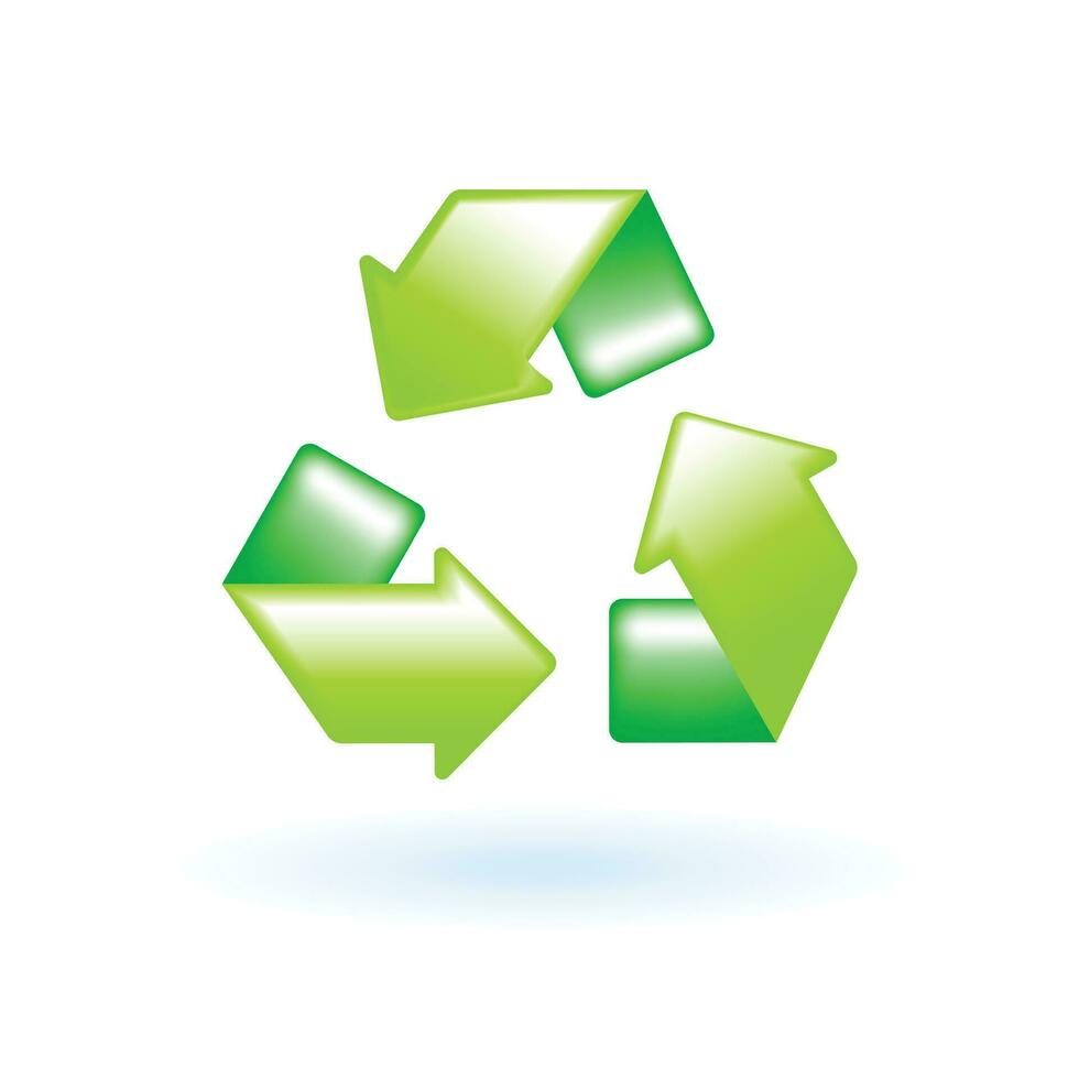 3d recycling symbool recycle teken icoon. eco duurzaamheid milieu concept. glanzend glas plastic groen kleur. schattig realistisch tekenfilm minimaal stijl. 3d geven vector icoon ux ui geïsoleerd illustratie