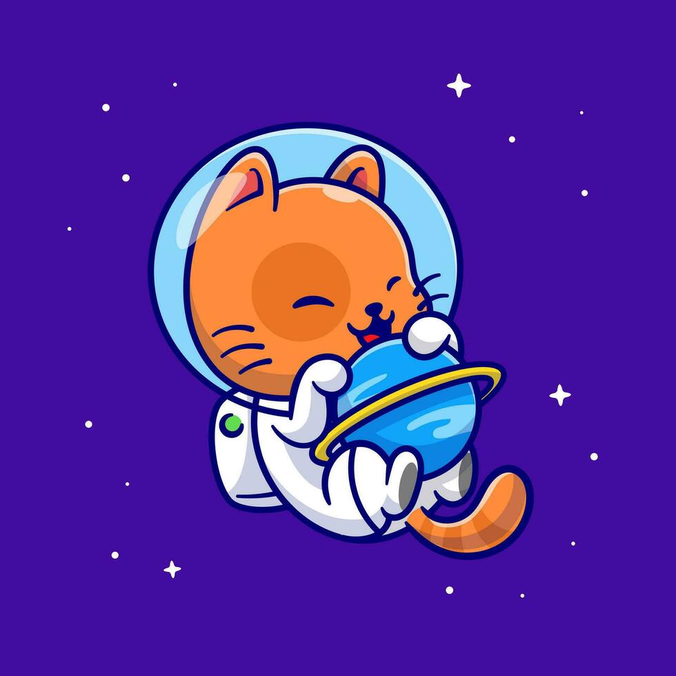 schattig kat astronaut knuffel planeet in ruimte tekenfilm vector icoon illustratie. dier wetenschap icoon concept geïsoleerd premie vector. vlak tekenfilm stijl