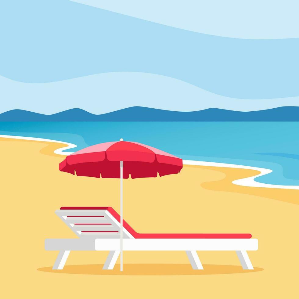 strand paraplu en zon ligstoel. zonnebank met parasol Bij zand strand. zomer tropisch toevlucht met privaat ligstoelen Bij zeekust. leeg zon bed Bij kust. vector illustratie.