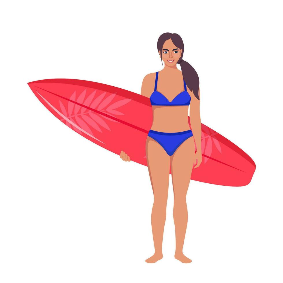 jong vrouw surfer met surfboard staand Aan de strand. glimlachen surfer meisje. vector illustratie.