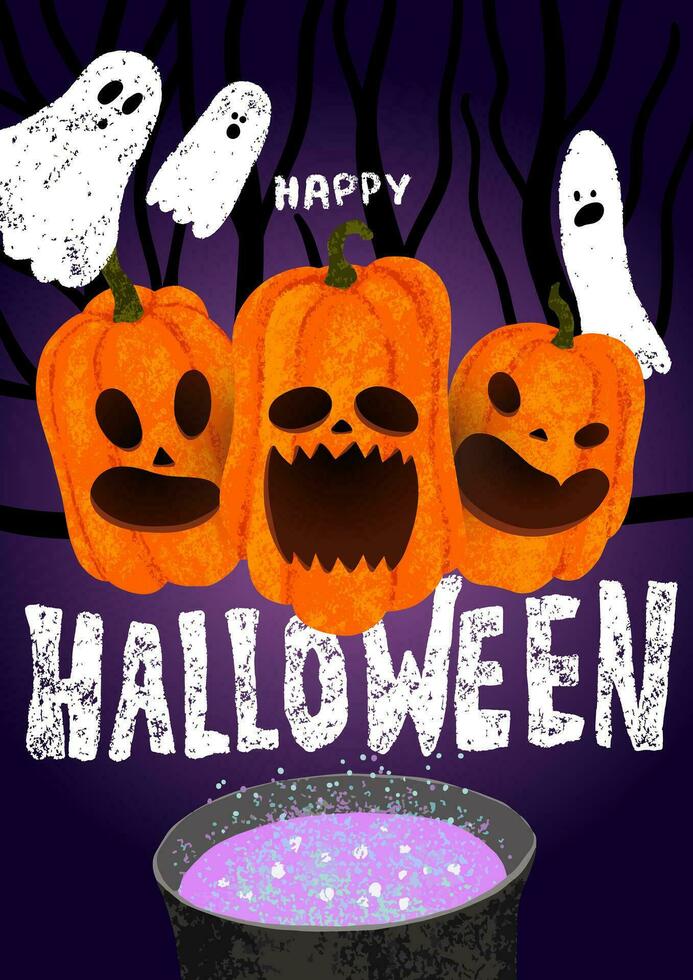 gelukkig halloween poster met pompoenen, ketel met vergif, donker Woud, geest. krijt belettering vector