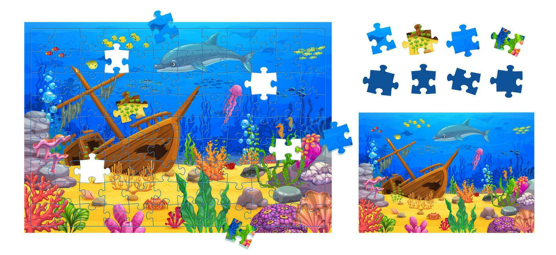 decoupeerzaag puzzel spel met onderwater- landschap stuk vector