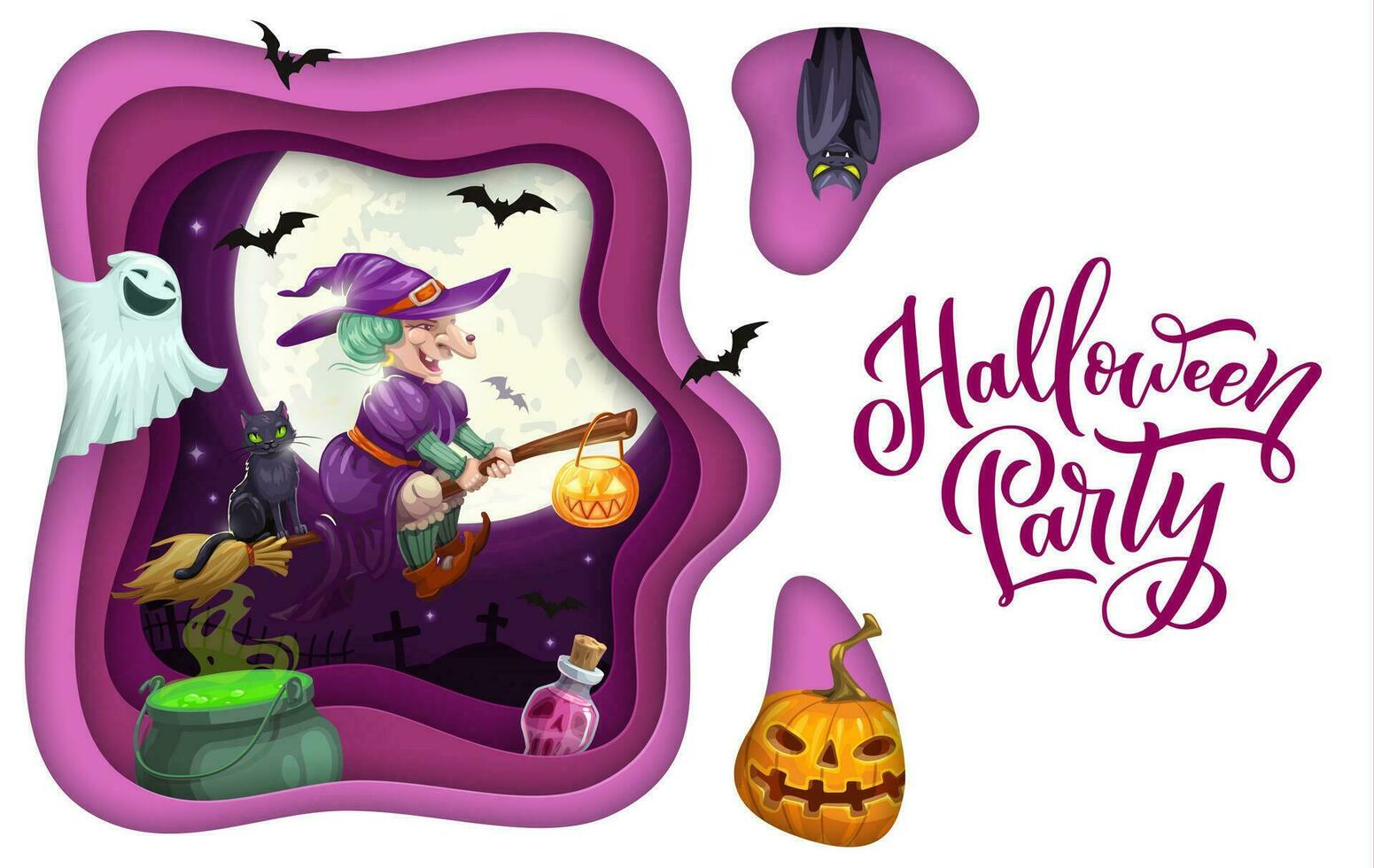 halloween papier besnoeiing heks, magie toverdrank en geest vector