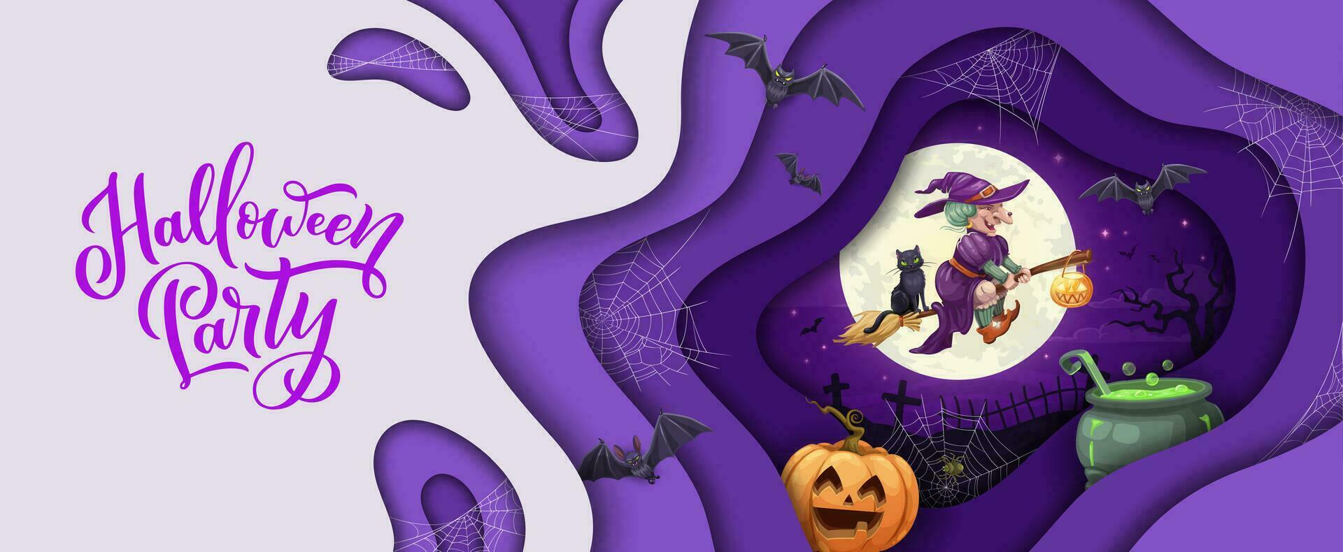 halloween papier besnoeiing tekenfilm vliegend heks en vleermuizen vector