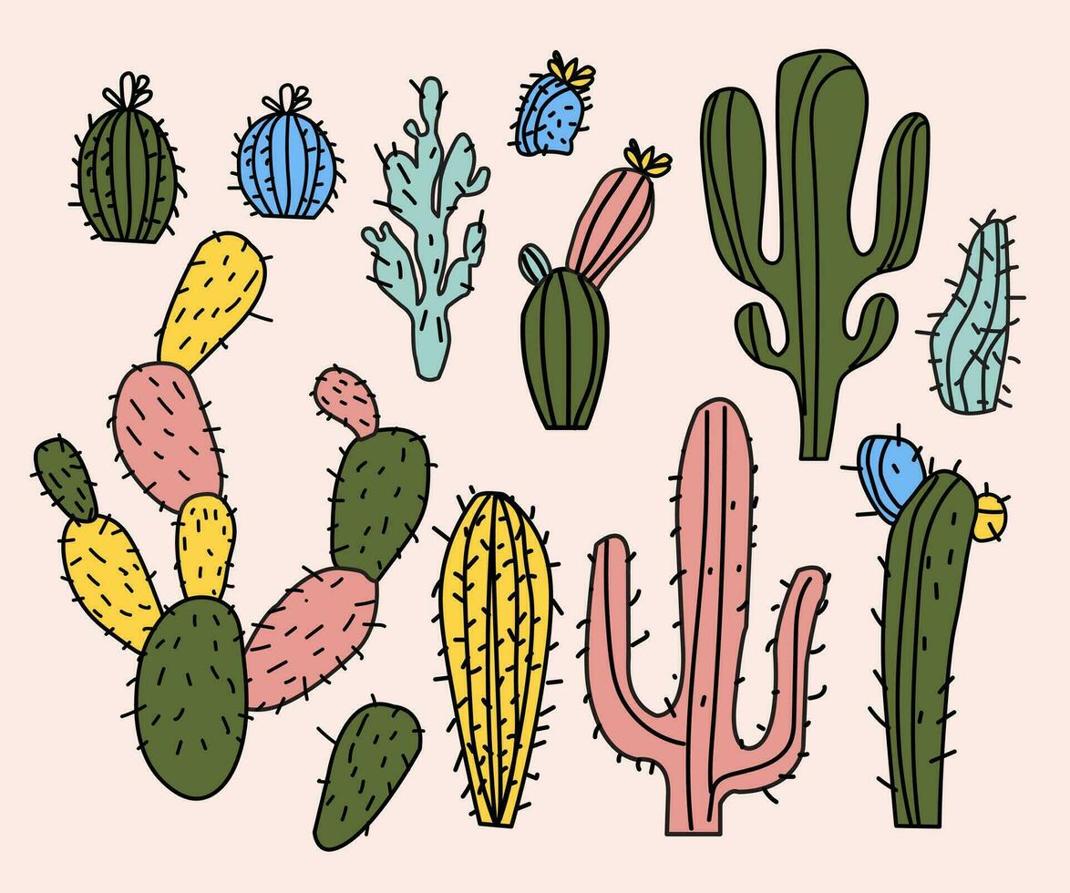 verzameling van hand getekend western cactussen in verschillend kleuren. vector