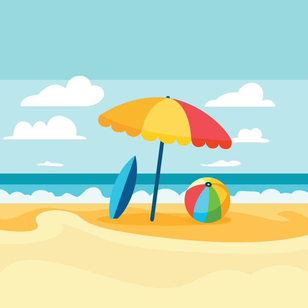 zonnig strand met een kleurrijk strand paraplu vlak , een strand bal, en een surfboard vlak stijl voorraad vector beeld