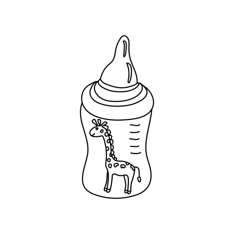 baby voeden fles versierd met een schattig giraffe in tekening stijl. hand- getrokken vector illustratie in zwart inkt