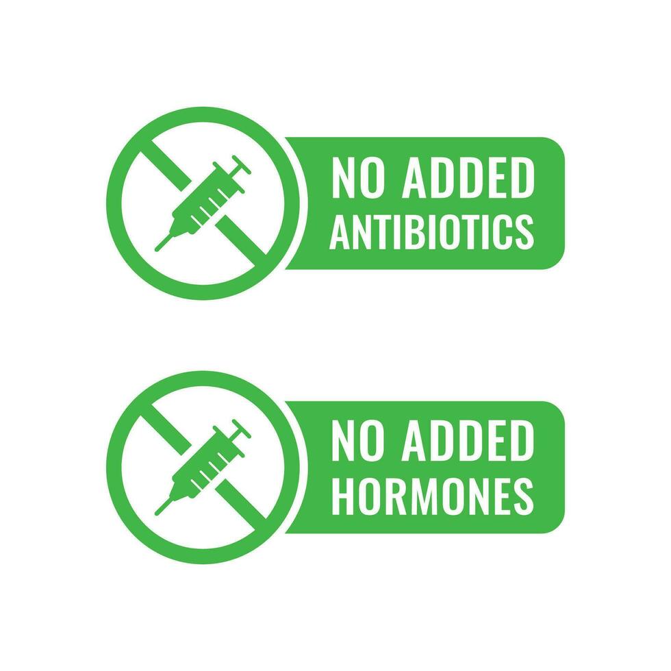 niet toegevoegd antibiotica icoon. niet toegevoegd hormoon icoon. voedsel zonder hormonen en antibiotica groen teken. vector
