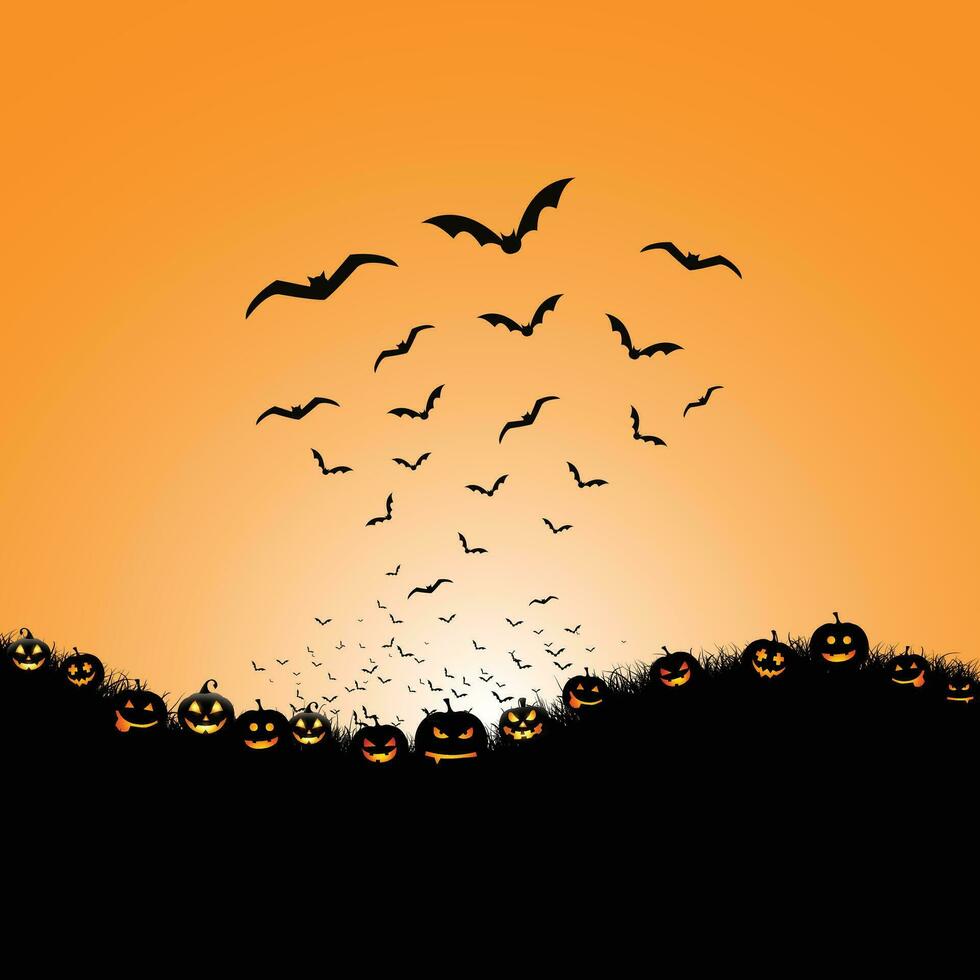 gelukkig halloween partij poster. kader, nacht wolken, pompoen in papier besnoeiing stijl. vector illustratie. heks ketel, spin web, vliegend geest knuppel. plaats voor tekst. brochure lay-out sjabloon achtergrond