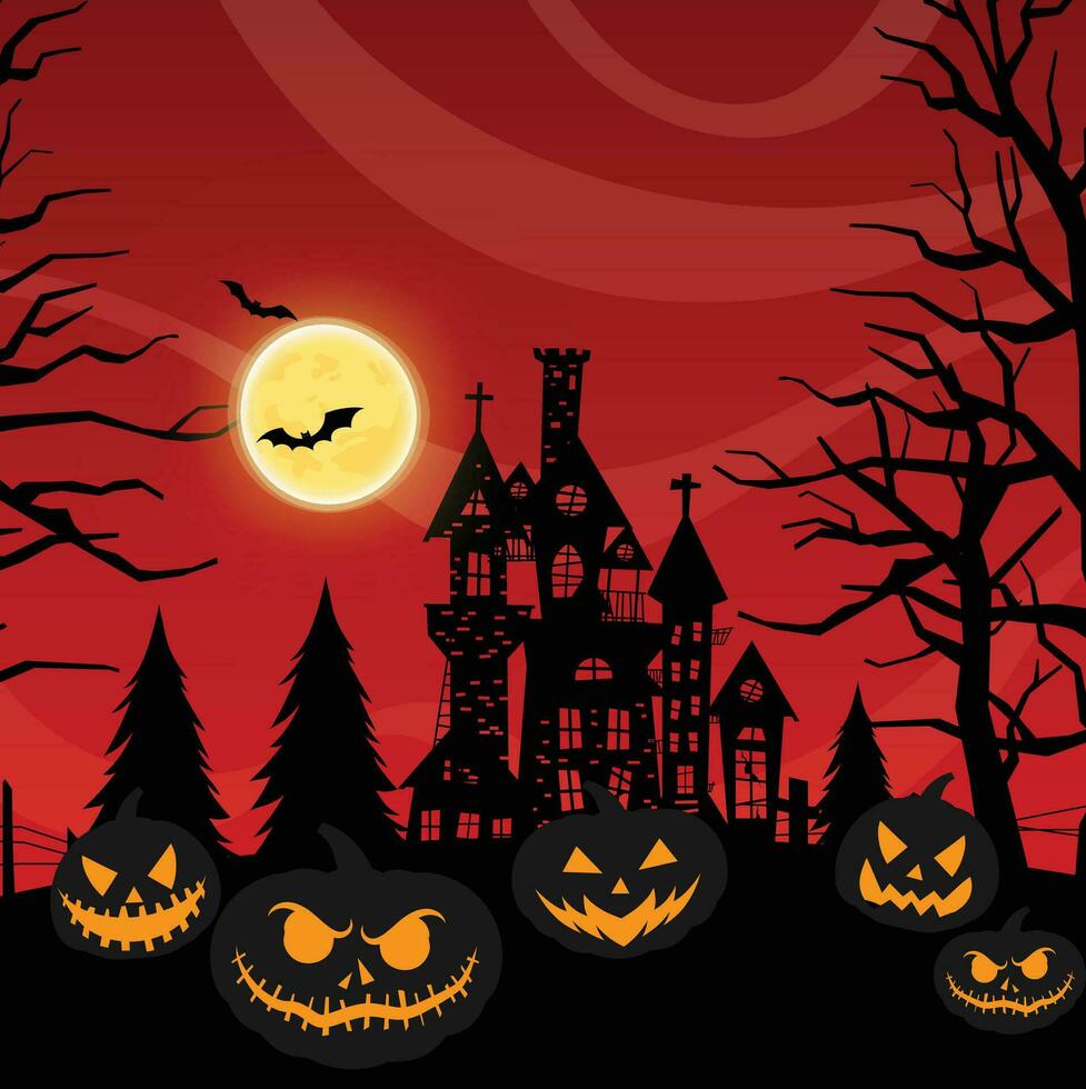 halloween nacht achtergrond, pompoenen en donker kasteel. vector illustratie.