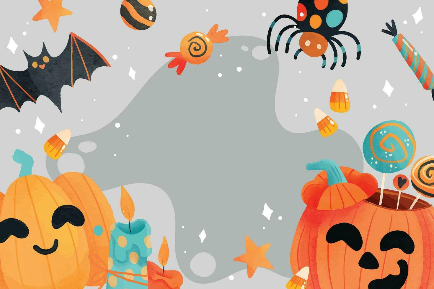 gelukkig halloween partij poster. kader, nacht wolken, pompoen in papier besnoeiing stijl. vector illustratie. heks ketel, spin web, vliegend geest knuppel. plaats voor tekst. brochure lay-out sjabloon achtergrond