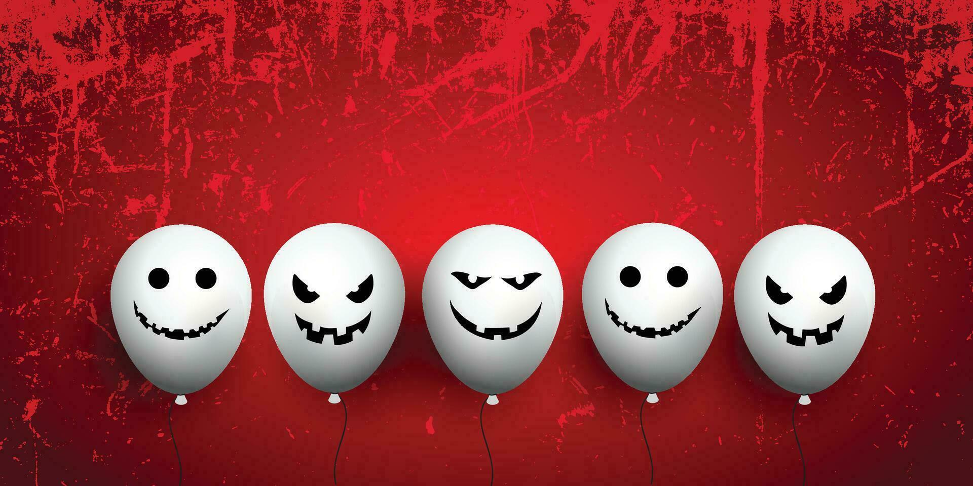 gelukkig halloween. eng lucht ballonnen. vakantie concept met halloween schitteren confetti geest ballonnen met grappig gezichten, herfst bladeren voor banier, website, poster, groet kaart, partij uitnodiging vector