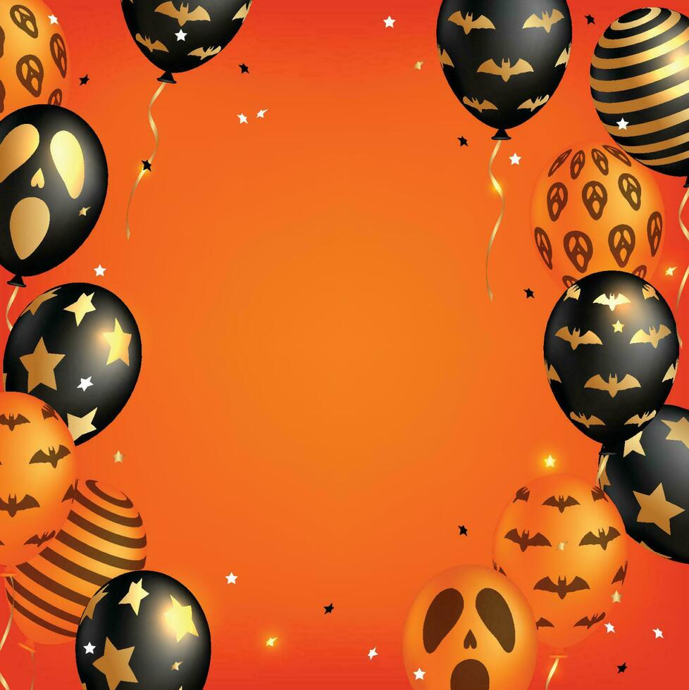 gelukkig halloween. eng lucht ballonnen. vakantie concept met halloween schitteren confetti geest ballonnen met grappig gezichten, herfst bladeren voor banier, website, poster, groet kaart, partij uitnodiging vector