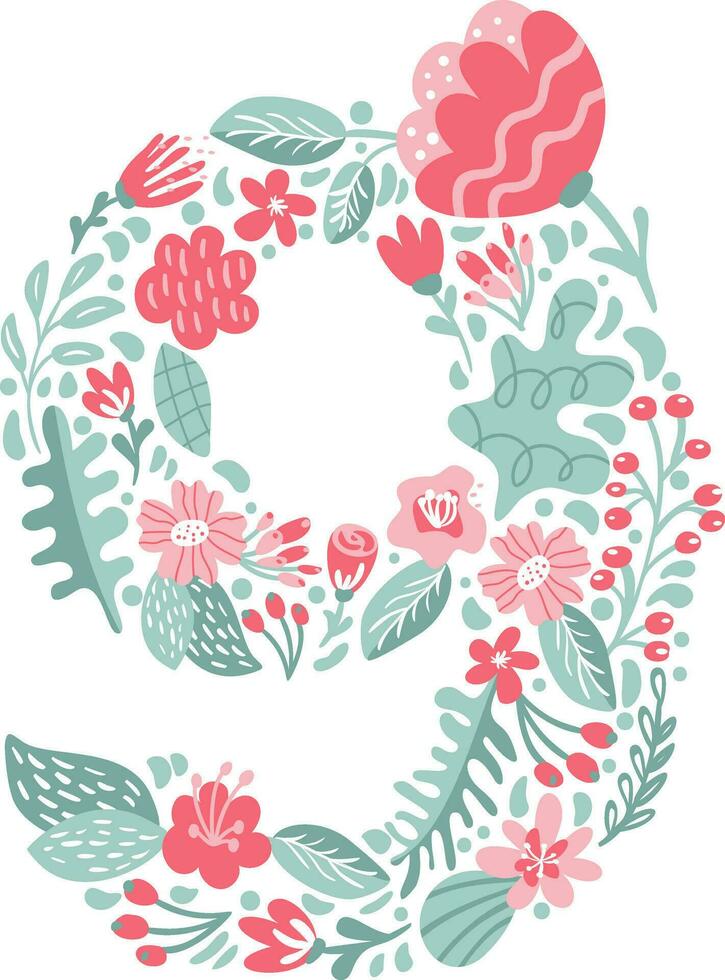 vector hand- getrokken doopvont aantal 9 negen met bloemen en takken bloesem de lente. bloemen alfabet typografie zomer brief monogram of logo ontwerp bruiloft abc