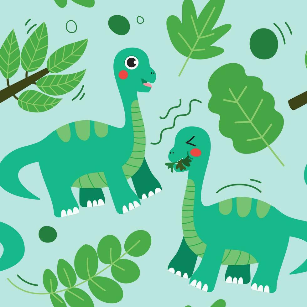 naadloos patroon met een schattig groen dinosaurus. vector