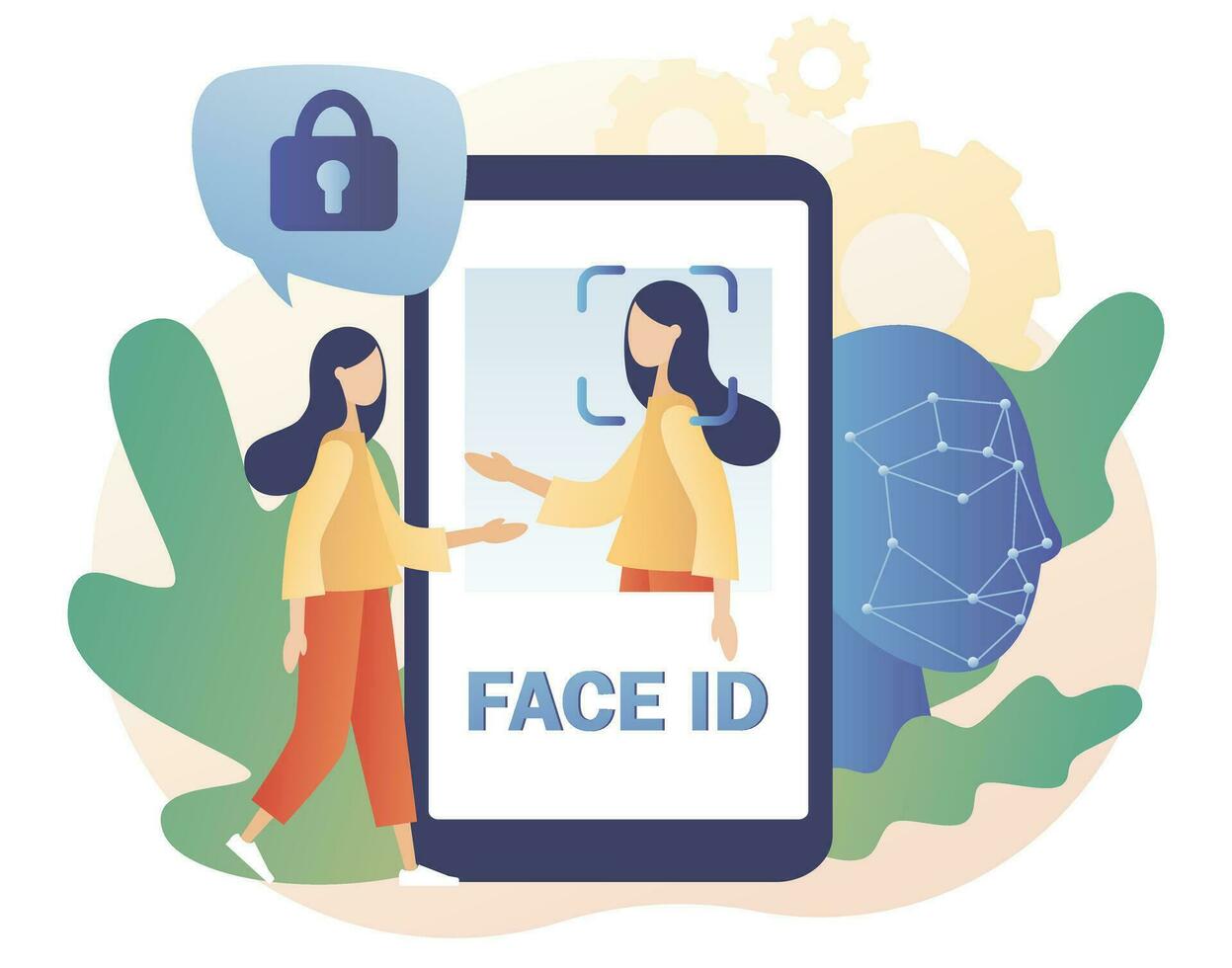 gezicht ID kaart in smartphone app. biometrisch identificatie systeem. klein vrouw scant en herkenning gezichtsgebruik laser gebruik smartphone. gegevens veiligheid. modern vlak tekenfilm stijl. vector illustratie